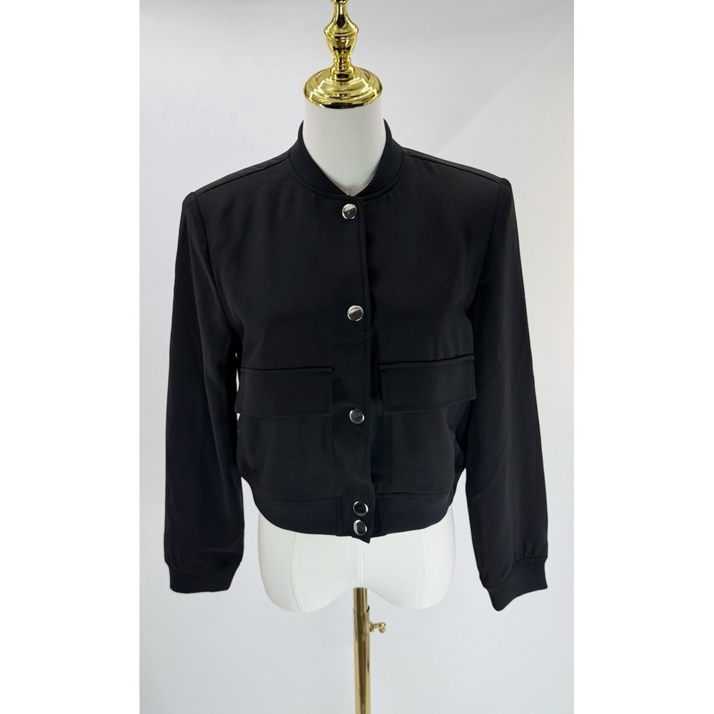 BAR III Snap Up Bomber Jacket Faux Pockets Knit Cuffs Black Petite Small PS